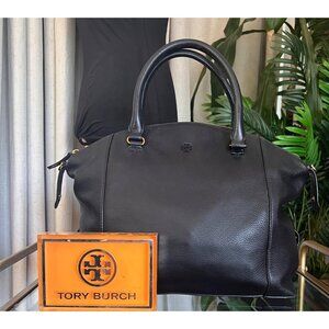 Tory Burch Black Pebbled Leather Satchel Bag With Top Handles & Zip Closure
